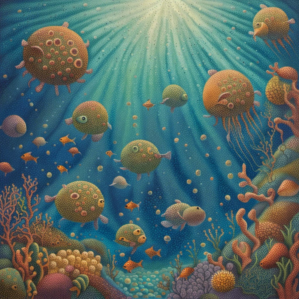 pointillist-style painting of an underwater colony