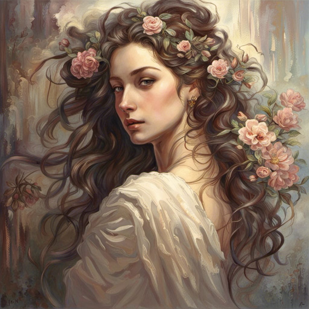 romantic style painting, woman in white dress with flowers in her hair